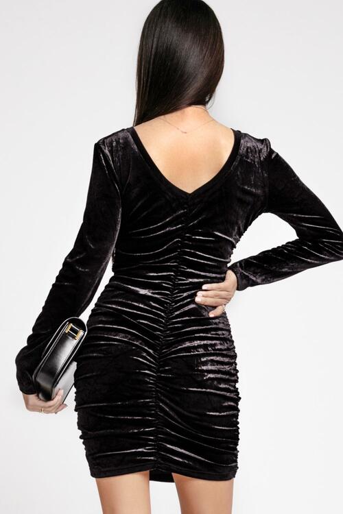 V-Neck Ruched Long Sleeve Dress