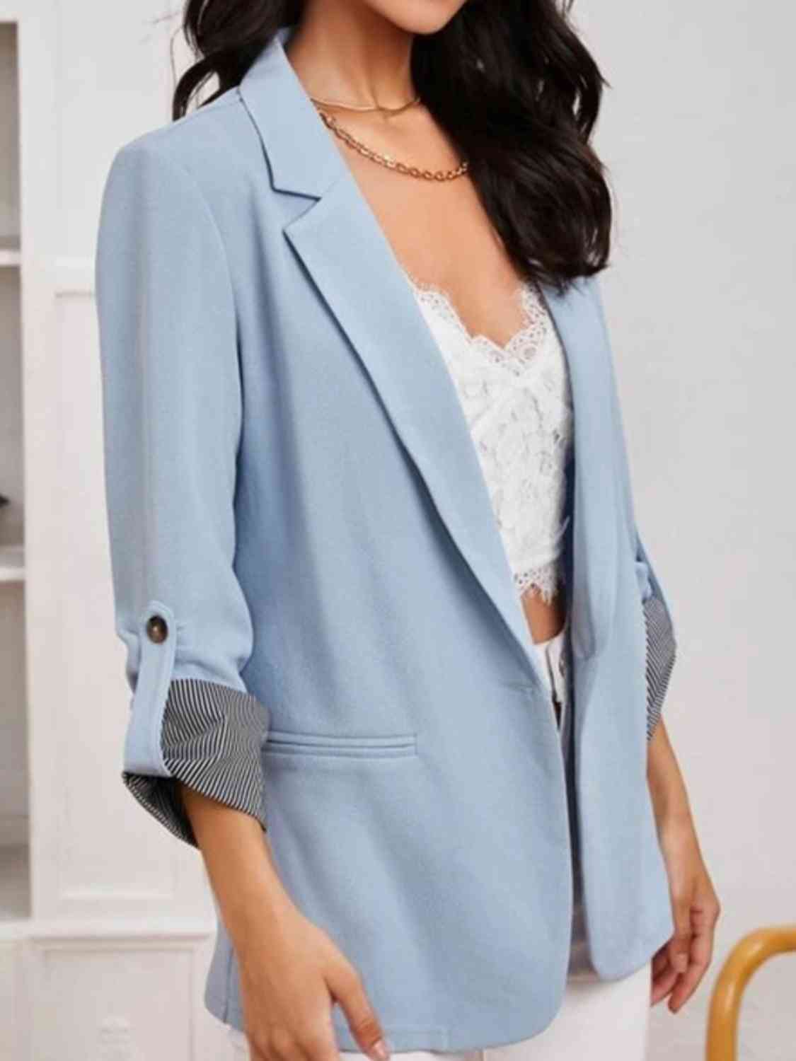 Lapel Collar Roll-Tab Sleeve Blazer