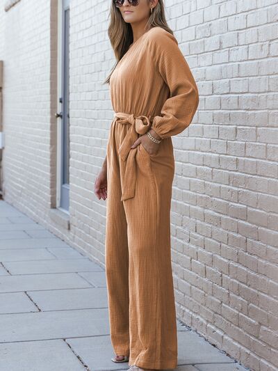 Texture Single Shoulder Tie-Waist Jumpsuit