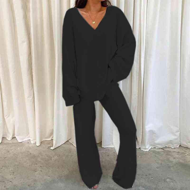 V-Neck Long Sleeve Top and Long Pants Set