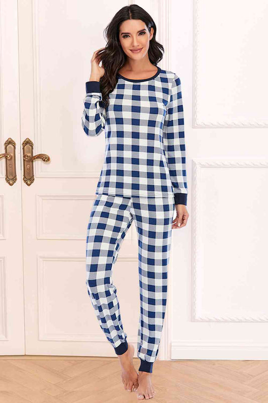 Plaid Round Neck Top and Pants Set