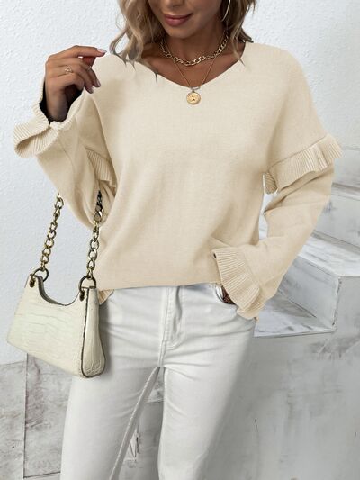 Ruffled V-Neck Dropped Shoulder Sweater