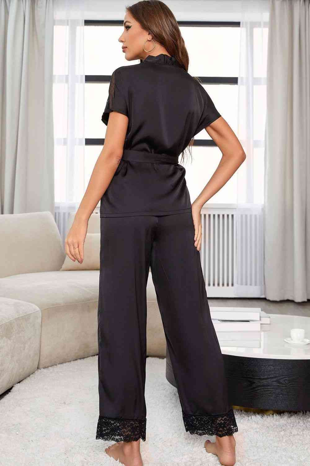 Surplice Neck Tie Waist Top and Pants Pajama Set