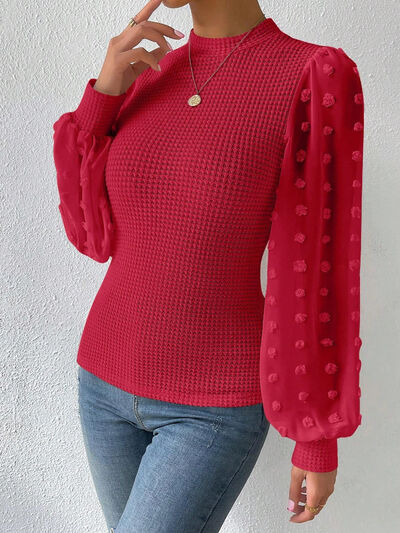 Swiss Dot Waffle-Knit Lantern Sleeve T-Shirt