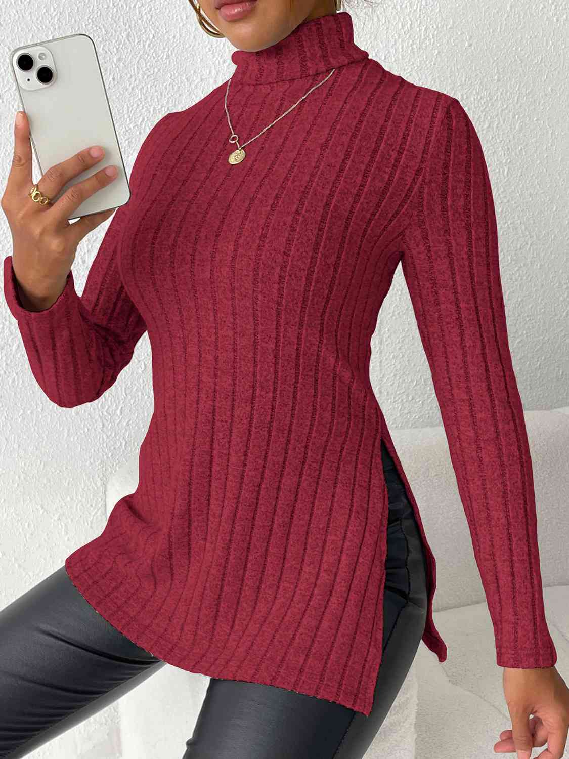 Ribbed Turtleneck Long Sleeve Slit T-Shirt