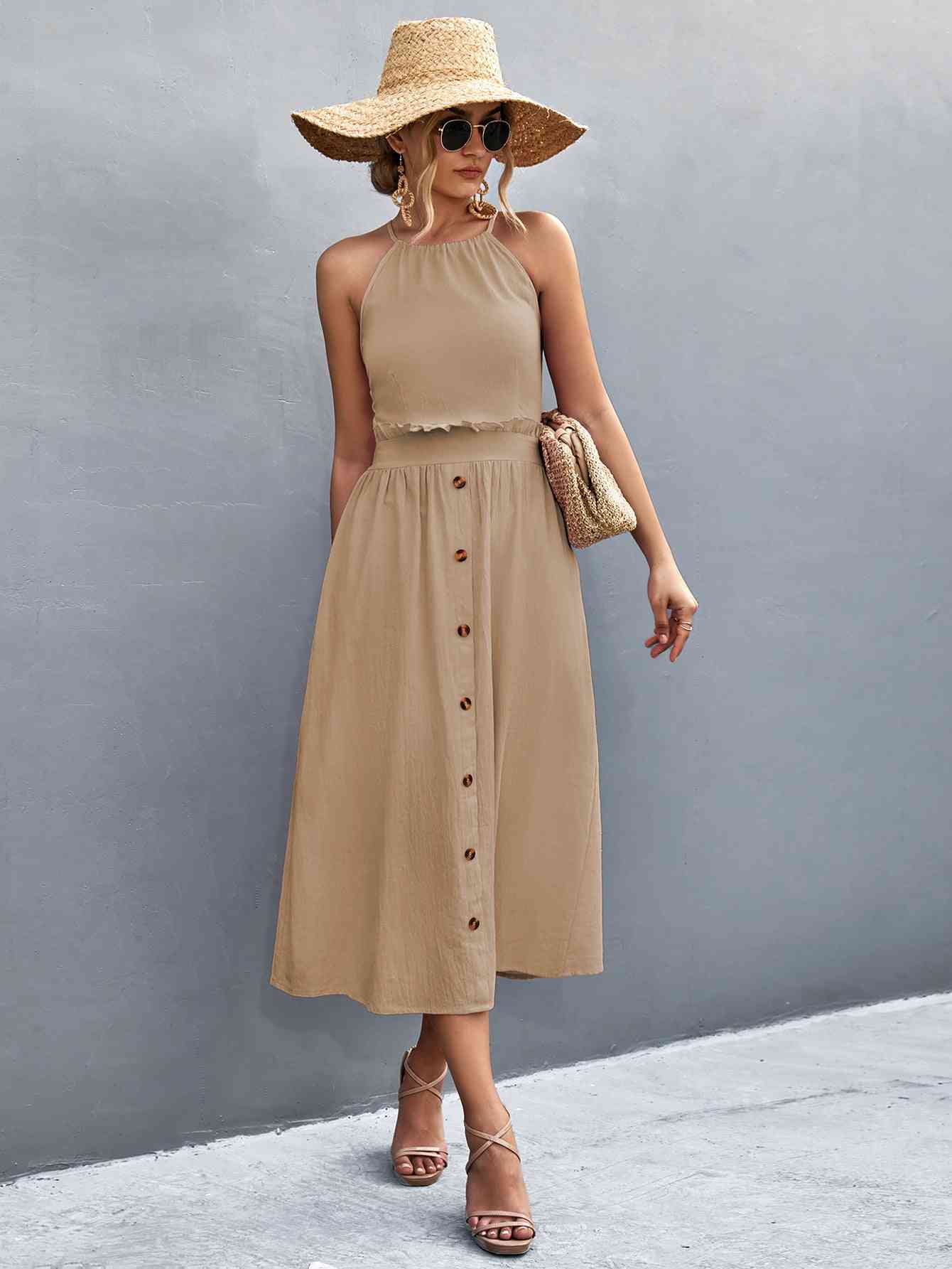 Buttoned Halter Neck Frill Trim Midi Dress