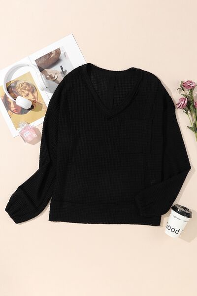 Waffle-Knit Pocketed V-Neck Blouse