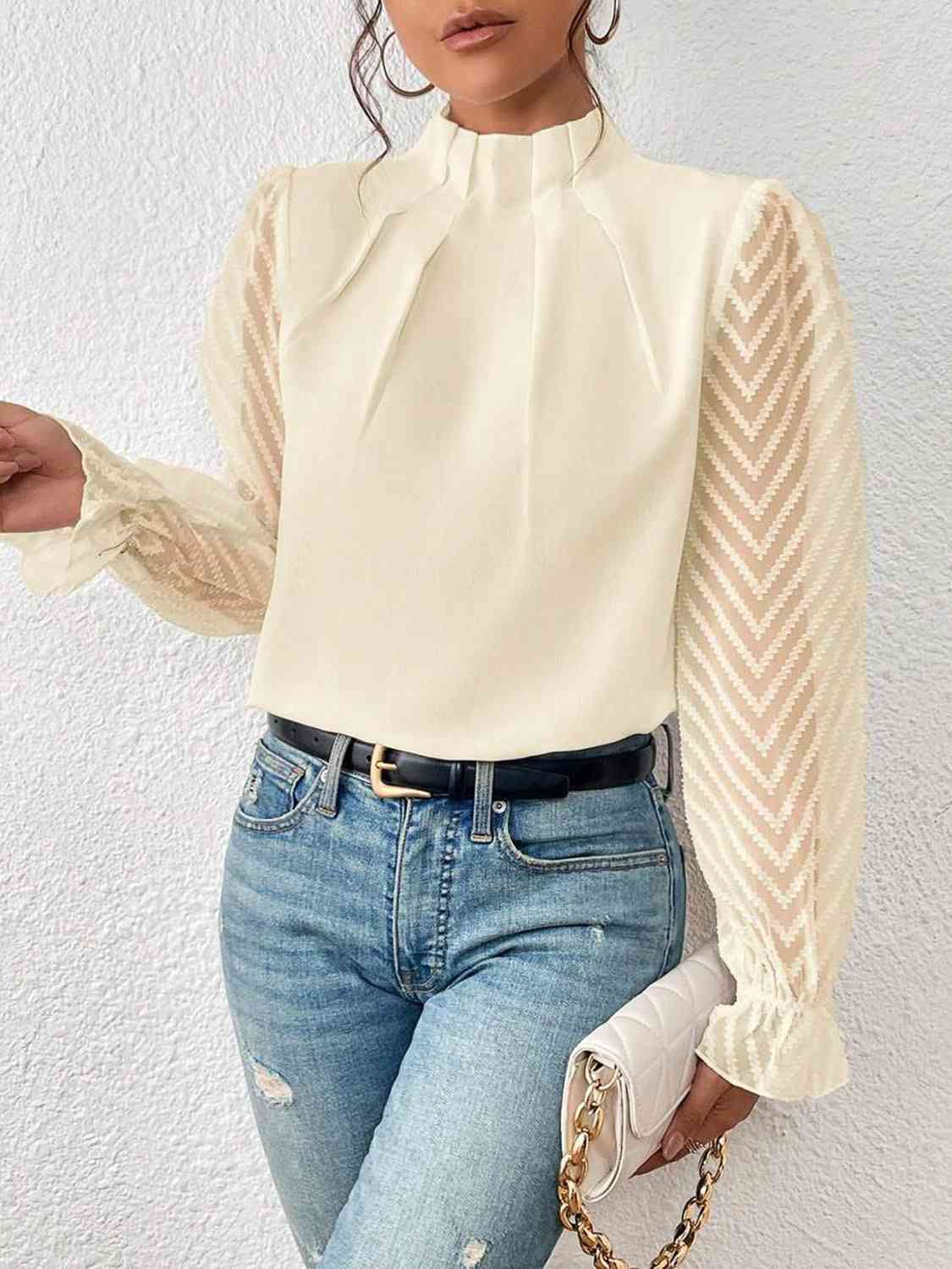 Mock Neck Flounce Sleeve Blouse