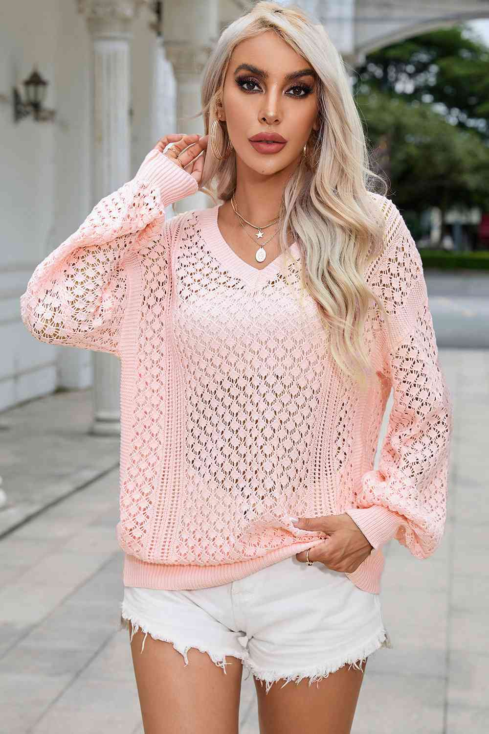 Openwork V-Neck Sweater