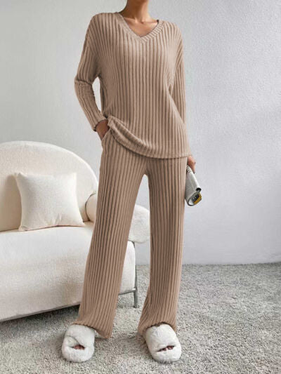 Ribbed V-Neck Long Sleeve Top and Pants Set