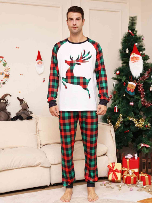 Full Size Reindeer Graphic Top and Plaid Pants Set