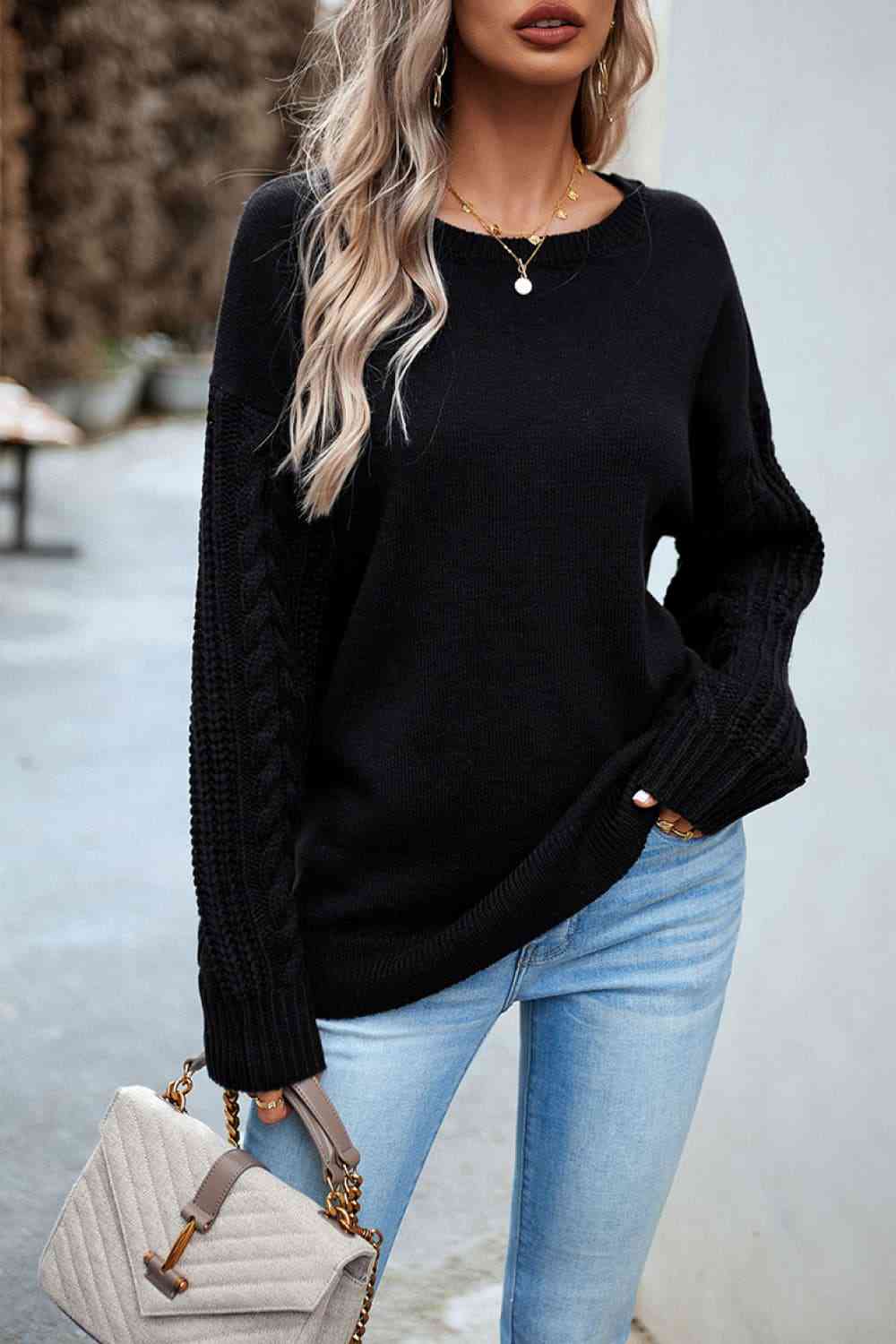 Cable-Knit Round Neck Drop Shoulder Sweater